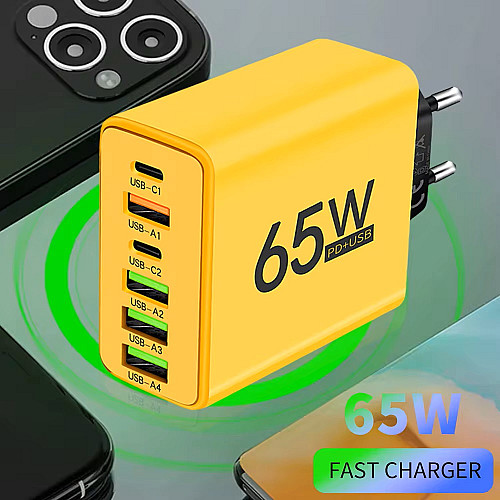 Блок живлення мережеве зарядне пристрій Charger 65 Вт 4-USB+2-Type-C адаптер для зарядки Yеllow
