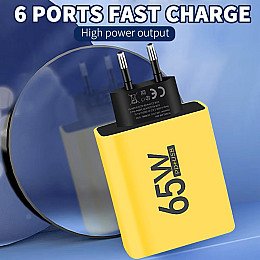 Блок питания сетевое зарядное устройство Charger 65 Вт 4-USB+2-Type-C адаптер для зарядки Yеllow