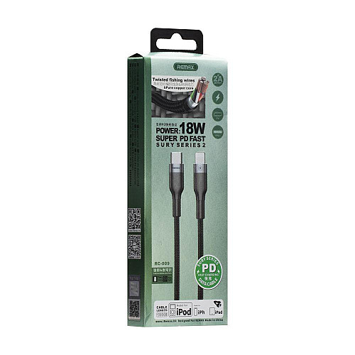 Кабель для зарядки и передачи данных Remax RC-009i Sury Series 2 18W Type C-Lightning 2A 1 м Black