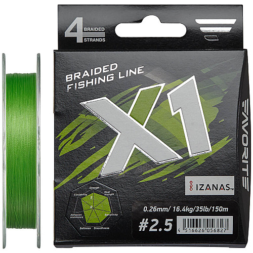 Шнур Favorite X1 PE 4x 150m #2.5/0.260mm 35lb/16.4kg Зеленый (1013-1693.11.34)