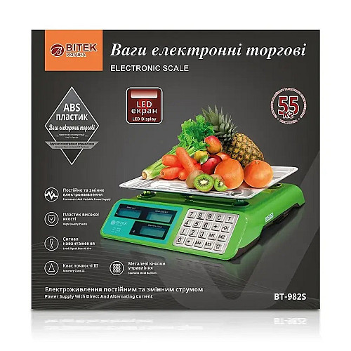 Весы торговые электронные Bitek BT-982S с аккумулятором до 55 кг Green