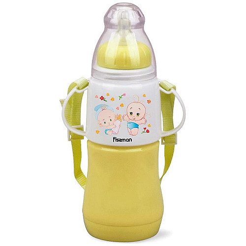 Бутылочка для кормления детская Baby Малыши 230 мл с ремешком желтая Fissman DP43986