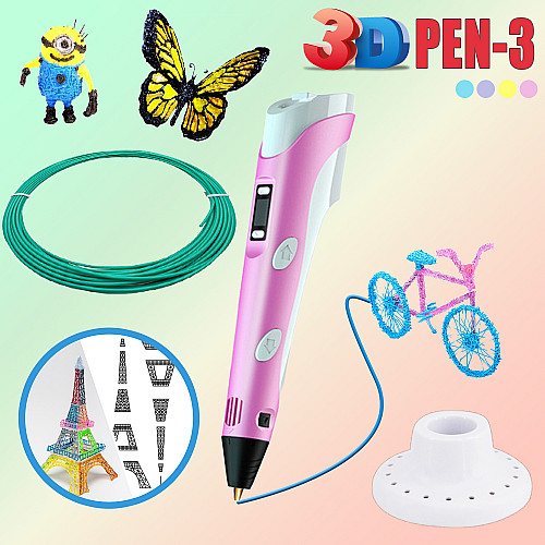 3D ручка c LCD дисплеем и комплектом эко пластика для рисования 3DPen Hot Draw 3 Pink