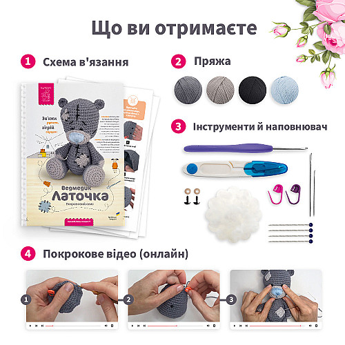 Набір для в'язання іграшки амигурумі Kate & Mom Ведмедик Латочка Різнокольоровий (KM_114)