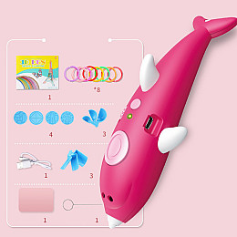 3D ручка з акумулятором дельфін + трафарети для малювання 8 кольорів пластику 3D Painting Pen 9903 Дельфін Рожевий