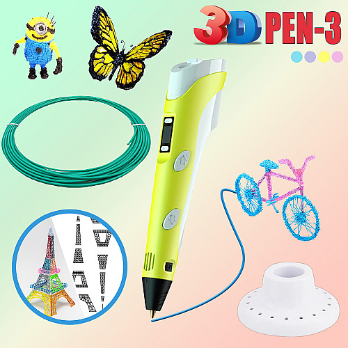 3D ручка з LCD дисплеєм і комплектом еко пластику для малювання 3DPen Hot Draw 3 Жовтий