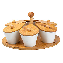 Набор керамических подносов с крышками TS Kitchen 6 штук на бамбуковой подставке (HP258)