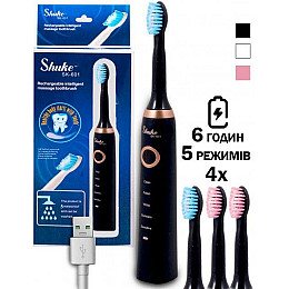 Зубная щетка ультразвуковая Shuke SK-601 3 насадки Черная