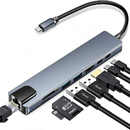 Хаб концентратор 8в1 USB Type-C перехідник HDMI SD TF RJ45 Сірий