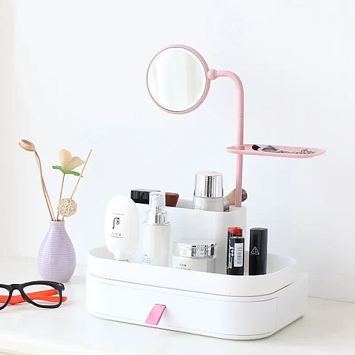 Органайзер для хранения косметики RIAS 7009 настольный с зеркалом White-Pink (3_01931)