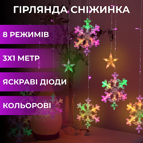 Гирлянда-штора Lugi Звезды и снежинки размер 3*1м 12 фигур мультиколор (1733061ML)