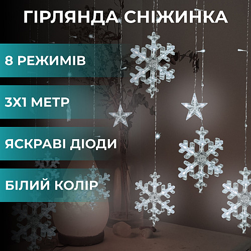 Гирлянда-штора Lugi Звезды и снежинки размер 3*1м 12 фигур белый (1733064W)