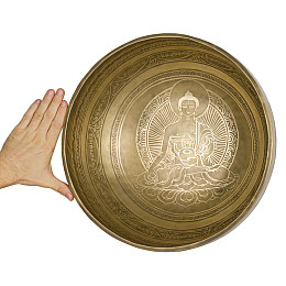 Поющая чаша Kailash Будда Ратнасамбхава Мантри Мани Плам'я 410x410x170 мм Античний Бронзовий (27415)