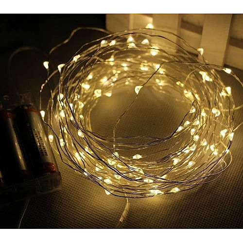 Светодиодная гирлянда нить на батарейках Lampiki Капли росы на 100 Led 10 м Белая теплая