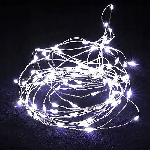 Светодиодная гирлянда нить на батарейках Lampiki Капли росы на 50 Led 5 м Холодный белый