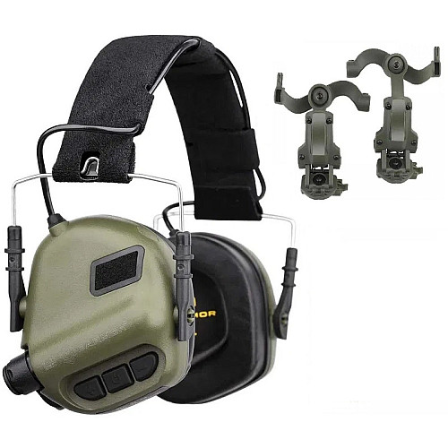 Тактичні активні навушники EARMOR М31 та кріплення на шолом OPS Core чебурашка Оливковий (2046553882)