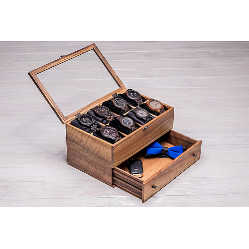 Органайзер для хранения наручных часов с шухлядой для аксессуаров ecoWalnut 14.9х27.5х18 см