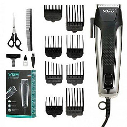 Машинка для стрижки волос VGR V-120 від мережі 220В 8 насадок Silver-Black