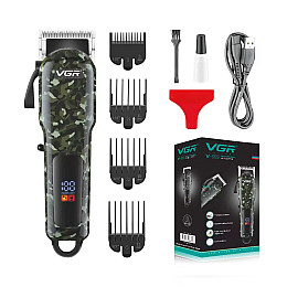 Машинка для стрижки волос VGR V-665 LED-дисплей акумуляторна 6 насадок 1800mAh 7W Camo