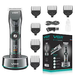 Машинка для стрижки волос VGR V-256 LED-дисплей акумуляторна 6 насадок 2500mAh 5W Чорна