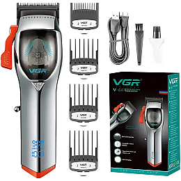 Машинка для стрижки волос VGR V-647 LED-дисплей акумуляторна 4 насадки 2500mAh 3W Срібляста