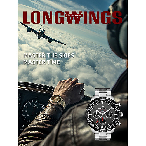 Наручні годинники чоловічі з сонячною батареєю North Edge Long Wings Сріблястий (3398)