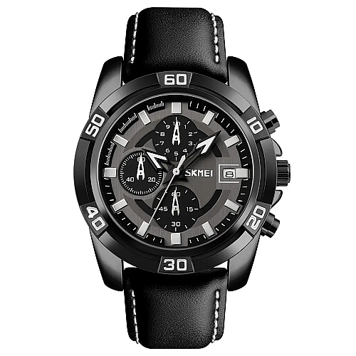 Годинники наручні Skmei 9156 шкіряний ремінець Black (16707)