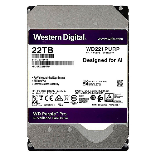 Жорсткий диск для відеоспостереження Western Digital 22TB WD Purple Pro WD221PURP AI (305492)