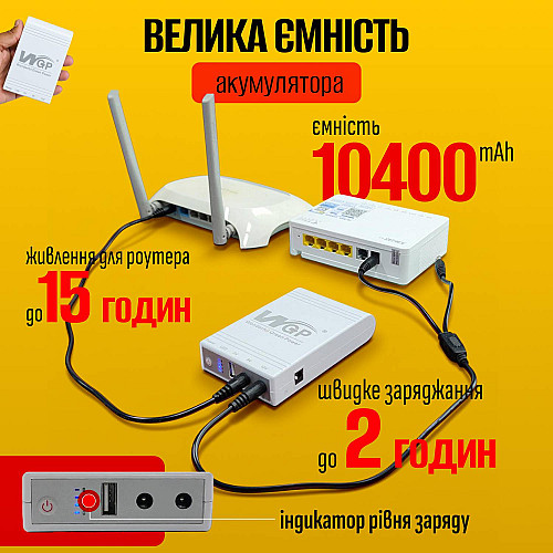 Бесперебійник mini ups WGP ІБП повербанк для wi fi роутерів 5v 9v 12v 10400 mAh Білий