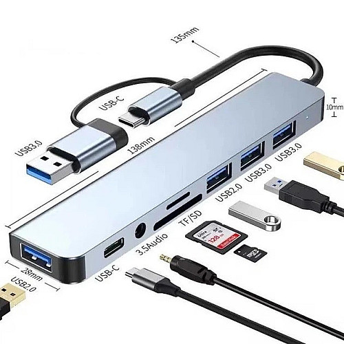 Концентратор Digital Type-C/USB-A 8в1 USB 3.0/USB 2.0/TF/SD 3.5 мм Сірий (HUB-8IN1)