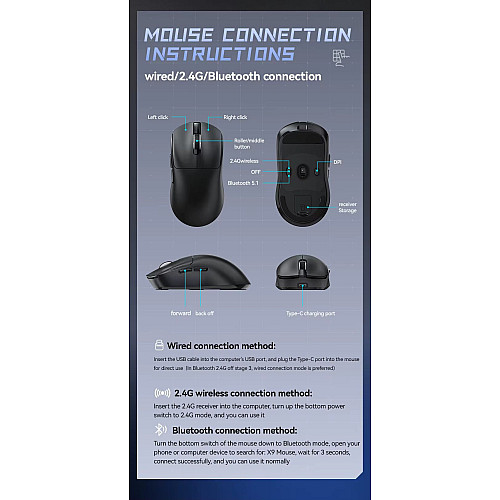 Мышь беспроводная T-Wolf X9 PAW 3311 12000 DPI 2.4G Bluetooth Black