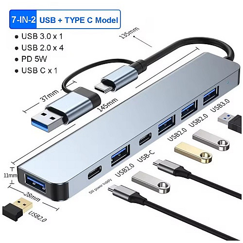 Алюмінієвий USB-розширювач TWS USB C Hub 7в1 Сірий (SH0000350)