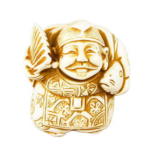 Статуэтка Netsuke Нэцкэ Эбису с веером Гипс 4.7x4x3.9 см Бежевый (12718)