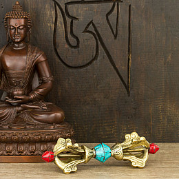 Ваджр Дордже Символ буддизма Ваджраяны HandiCraft Бронза Инкрустация бирюзой и кораллом Пять спиц 11,8 см (26293)