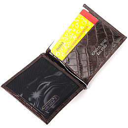 Мужской зажим из натуральной кожи с тиснением под крокодила KARYA 21119 Коричневый