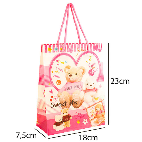 Сумочка подарункова пластикова з ручками Gift bag Ведмедики 23х18х7.5 см Рожевий (27319)
