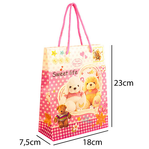 Сумочка подарочная пластиковая с ручками Gift bag Мишки 23х18х7.5 см Розовый (27320)