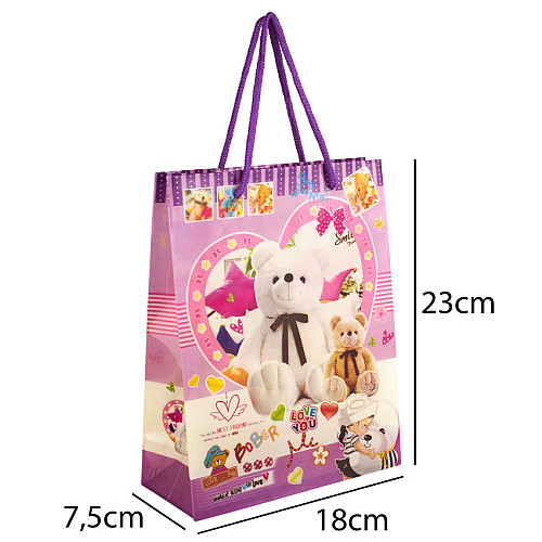 Сумочка подарочная пластиковая с ручками Gift bag Мишки 23х18х7.5 см Сиреневый (27321)