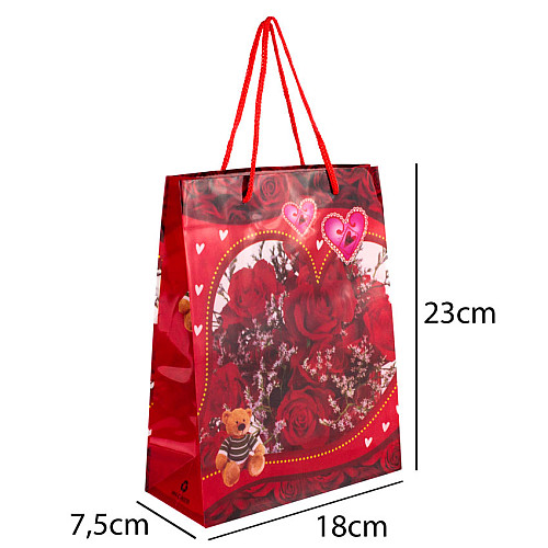 Сумочка подарочная пластиковая с ручками Gift bag Сердца и розы 23х18х7.5 см Красный (13951)