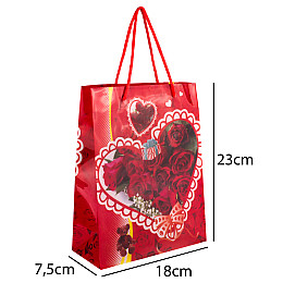 Сумочка подарочная пластиковая с ручками Gift bag Сердца и розы 23х18х7.5 см Красный (27322)