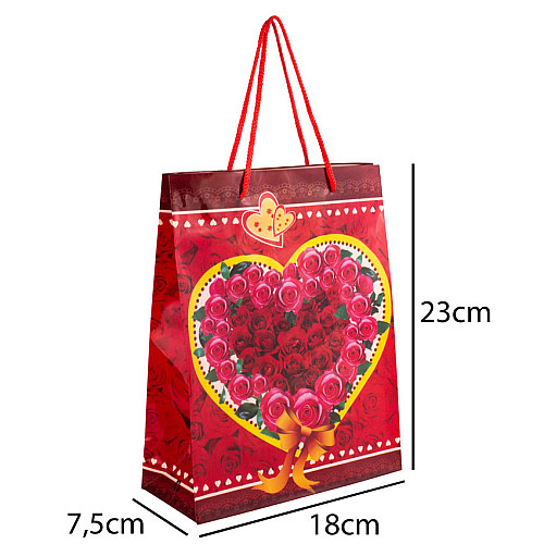 Сумочка подарочная пластиковая с ручками Gift bag Сердца и розы 23х18х7.5 см Красный (27323)