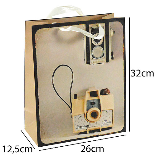 Сумочка подарочная бумажная с ручками Gift bag Камера Винтаж 32х26х12,5 см (15793)