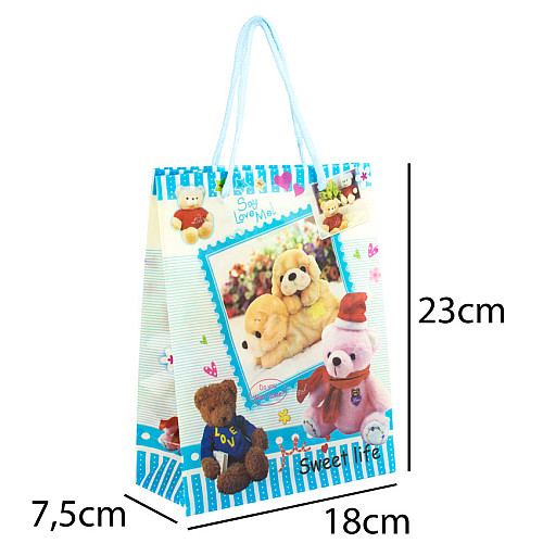 Сумочка подарочная пластиковая с ручками Gift bag Мишки 23х18х7.5 см Голубой (27348)