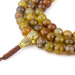 Чотки із золотого кварцу Swayambhu ST 108 намистин 6.4 мм Гуру-намистина та ступка – мідь (27317)