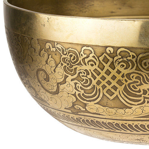 Тибетская поющая чаша Singing bowl Мантра и пламя снаружи Раковина внутри Холодная ковка 24/24/10,8 см Бронзовый (27414)
