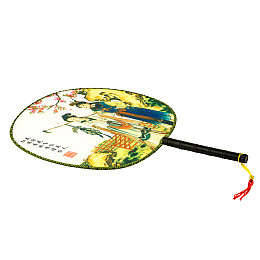 Веер круглый Туаньшань Ткань Шелкография Китайские мотивы 21/32 см Белый фон (08052)