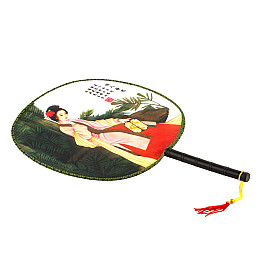 Веер круглый Туаньшань Ткань Шелкография Китайские мотивы 21/32 см Белый фон (27429)