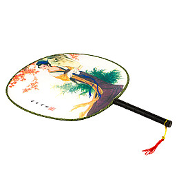 Веер круглый Туаньшань Ткань Шелкография Китайские мотивы 21/32 см Белый фон (27433)