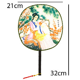 Веер круглый Туаньшань Ткань Шелкография Китайские мотивы 21/32 см Белый фон (27434)