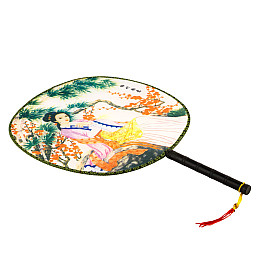 Веер круглый Туаньшань Ткань Шелкография Китайские мотивы 21/32 см Белый фон (27434)